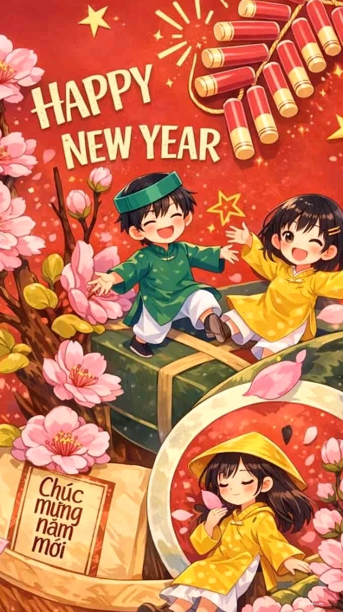 Ảnh Chibi gia đình trong không gian trang trí Tết