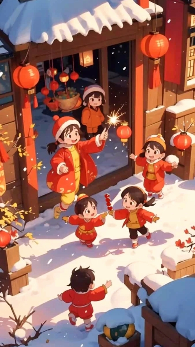 Ảnh Chibi gia đình với pháo hoa đêm giao thừa
