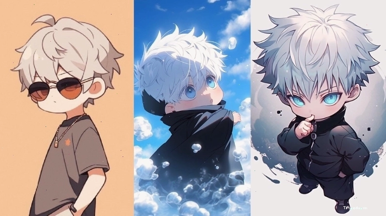Ảnh Gojo Satoru phiên bản chibi với biểu cảm tinh nghịch