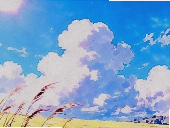 Anime style field under cloudy sky