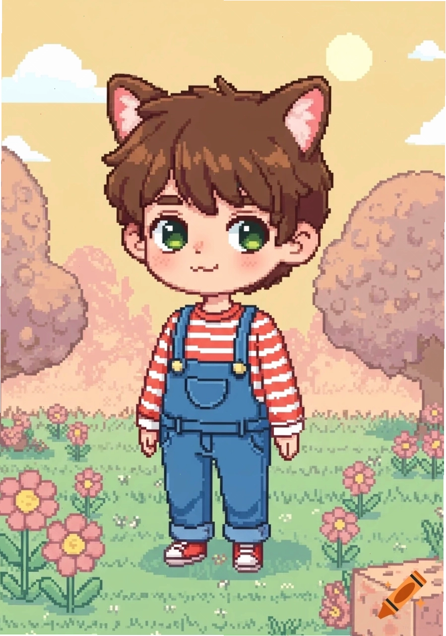 Cậu bé chibi pixel art đội tai mèo đứng giữa cánh đồng hoa