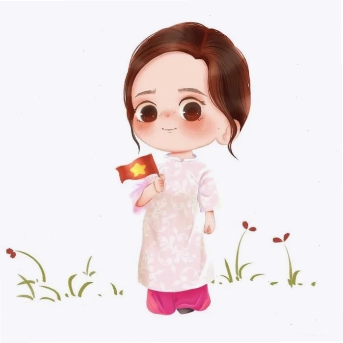Chibi cô giáo mặc áo dài màu hồng với nụ cười tươi tắn