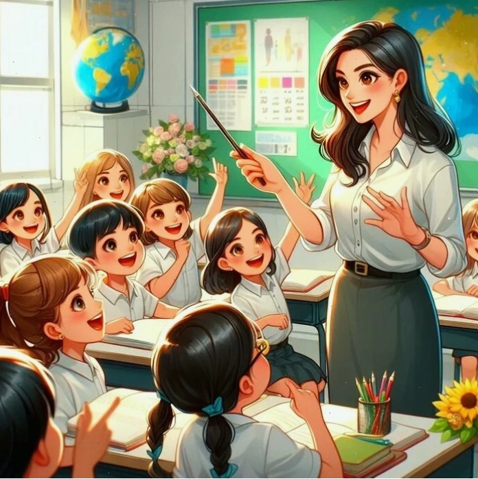 Chibi cô giáo và học sinh trong không khí lớp học