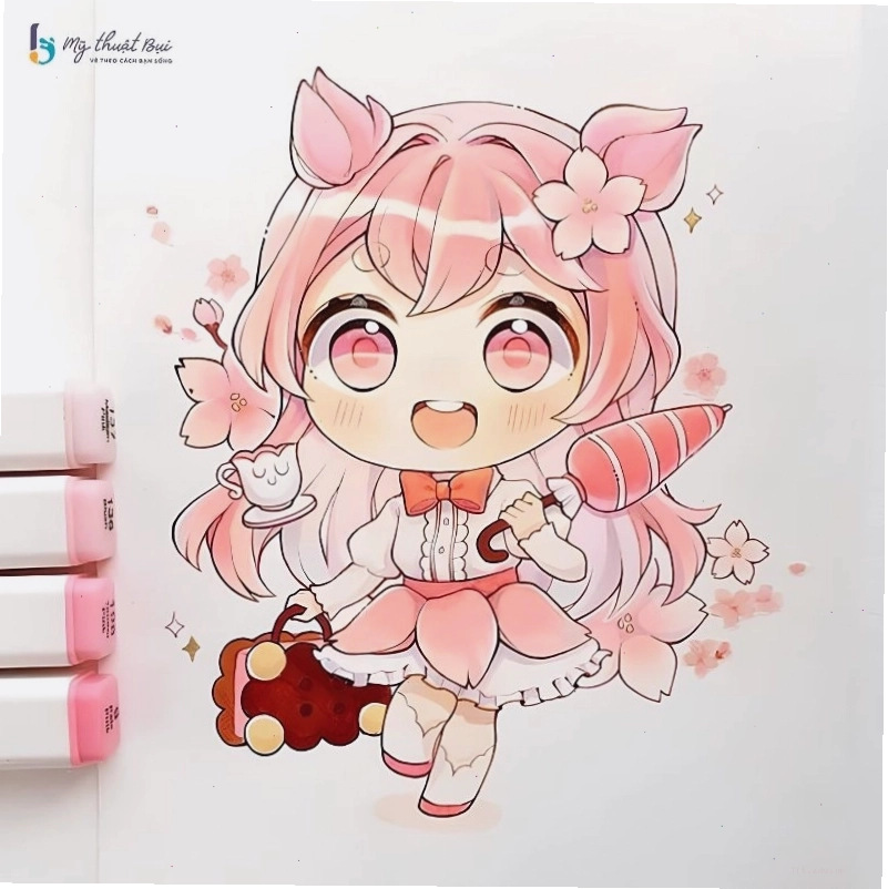 Chibi nữ mặc trang phục cổ tích, tay ôm một chú gấu bông