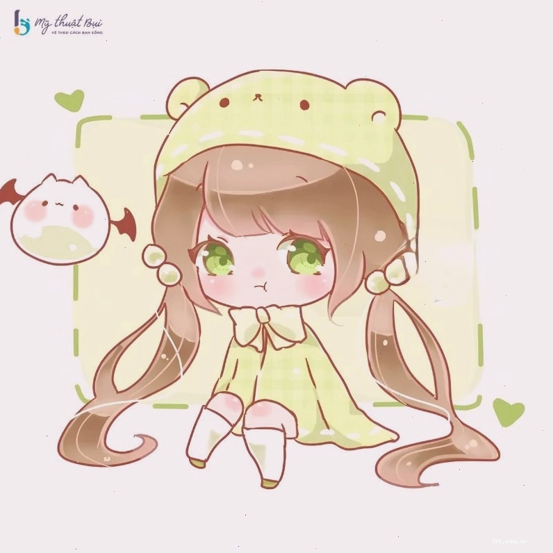 Chibi nữ ngồi trên xích đu, với biểu cảm vui vẻ