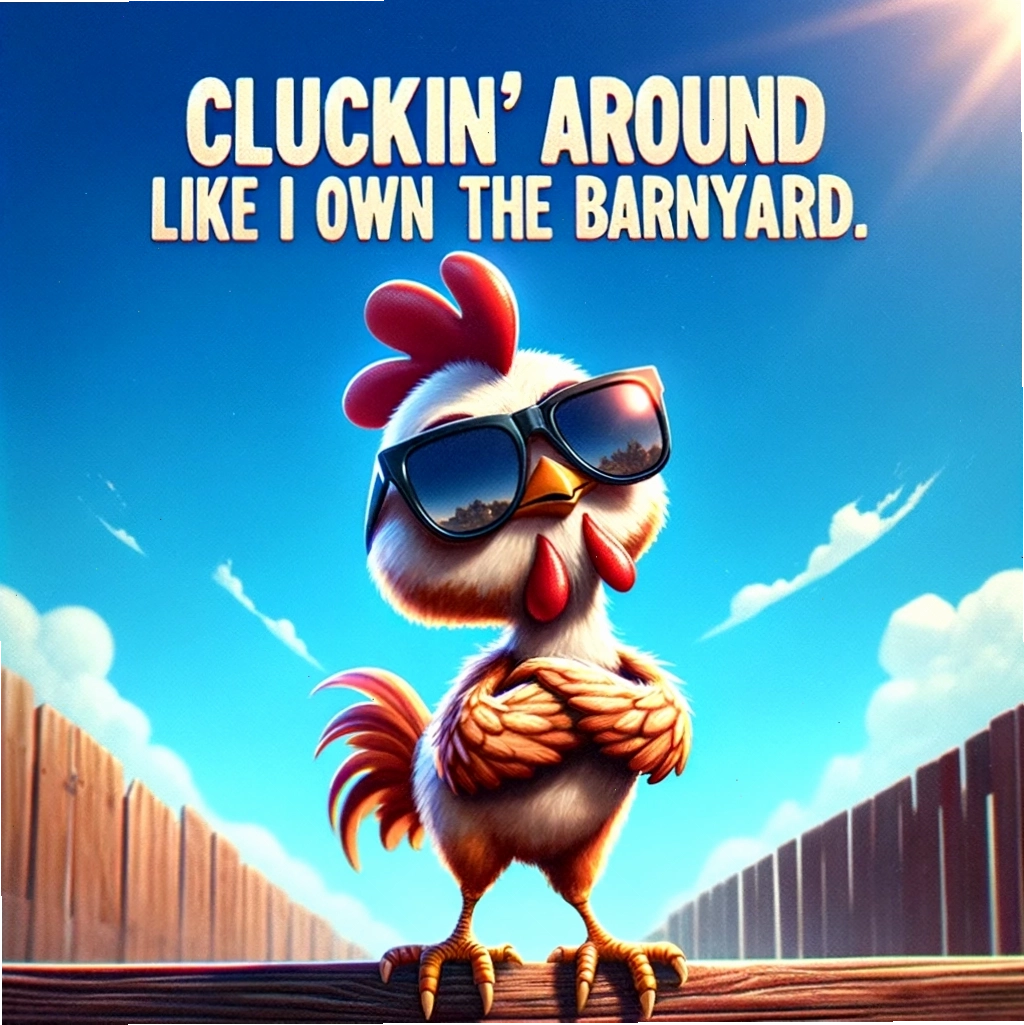 Chú gà đội mũ và đeo kính thể hiện sự tự tin, là một ví dụ về chicken meme sáng tạo