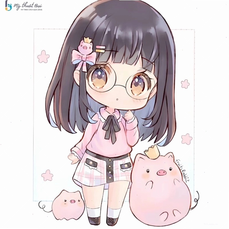 Cô gái anime chibi với mái tóc dài màu hồng bồng bềnh