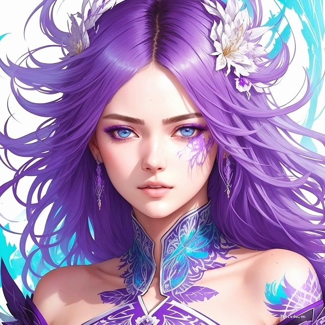 Cô gái anime với đôi mắt màu tím và trang phục có các chi tiết phức tạp