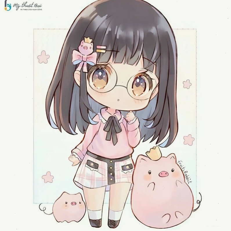 Cô gái chibi nữ với mái tóc dài và trang phục váy xinh xắn