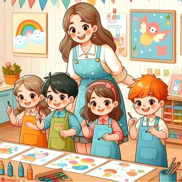 Cô giáo chibi đang giảng bài trên bục giảng