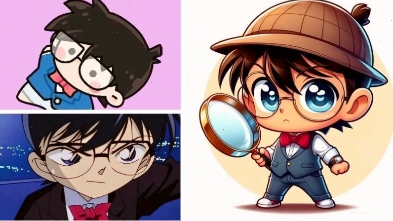 Conan chibi với kính và nơ đỏ