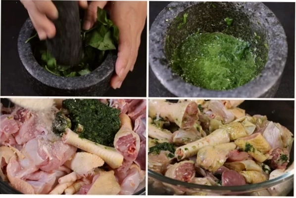 Giã nhuyễn lá é và ớt xiêm xanh để ướp thịt gà