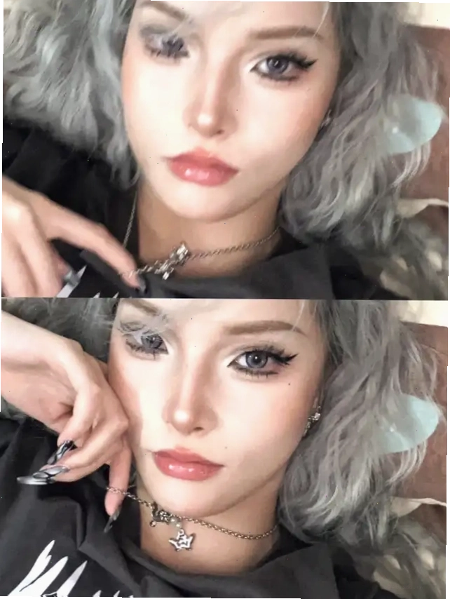 Hai ảnh selfie của cô gái tóc xám với hiệu ứng mờ ảo