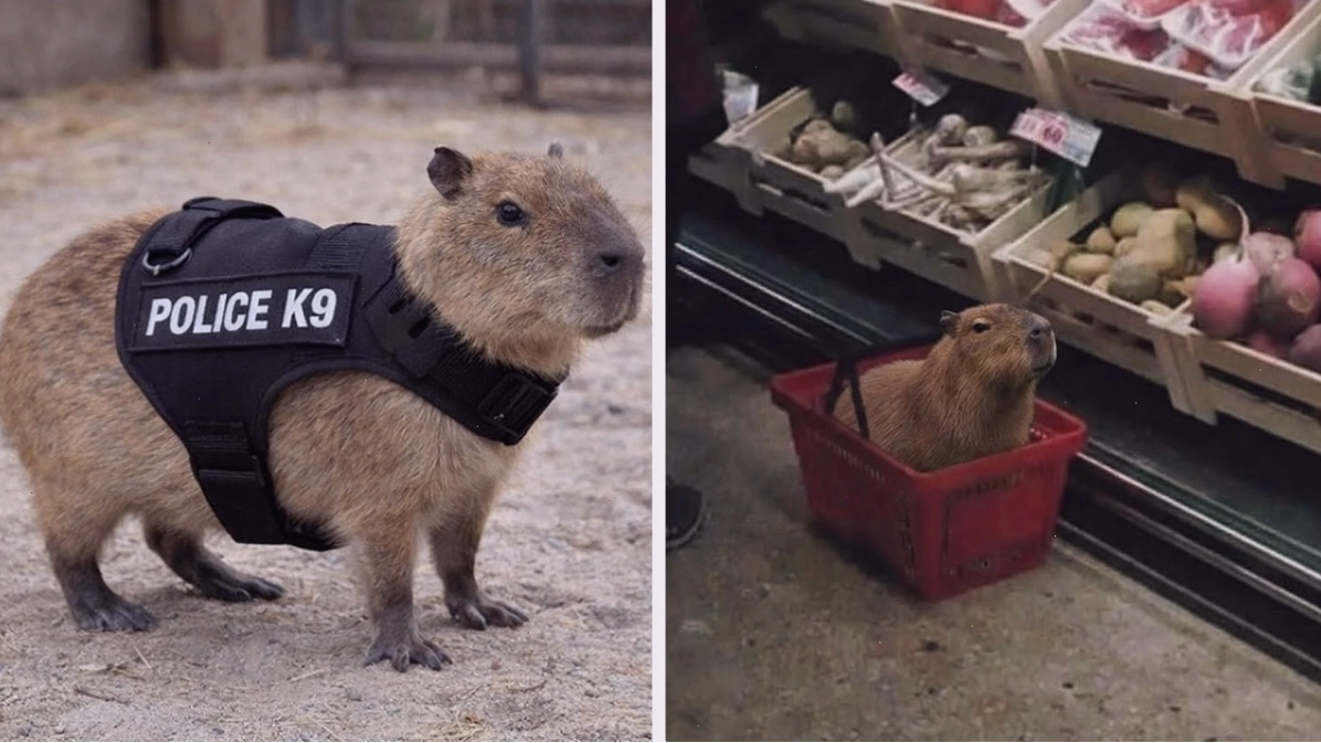 Hai chú Capybara đáng yêu, một đội mũ cảnh sát K9, một ngồi trong giỏ hàng tạp hóa