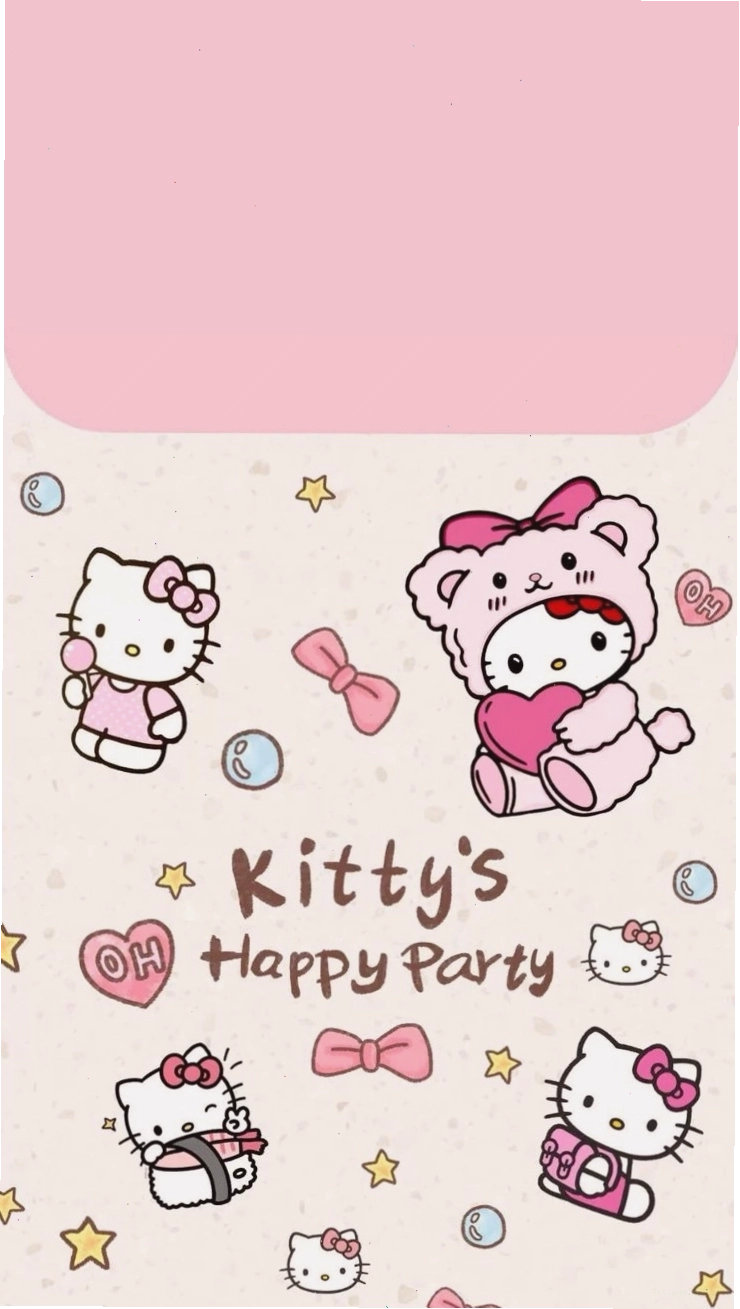 Hello Kitty ngồi cạnh vali du lịch trên nền hồng