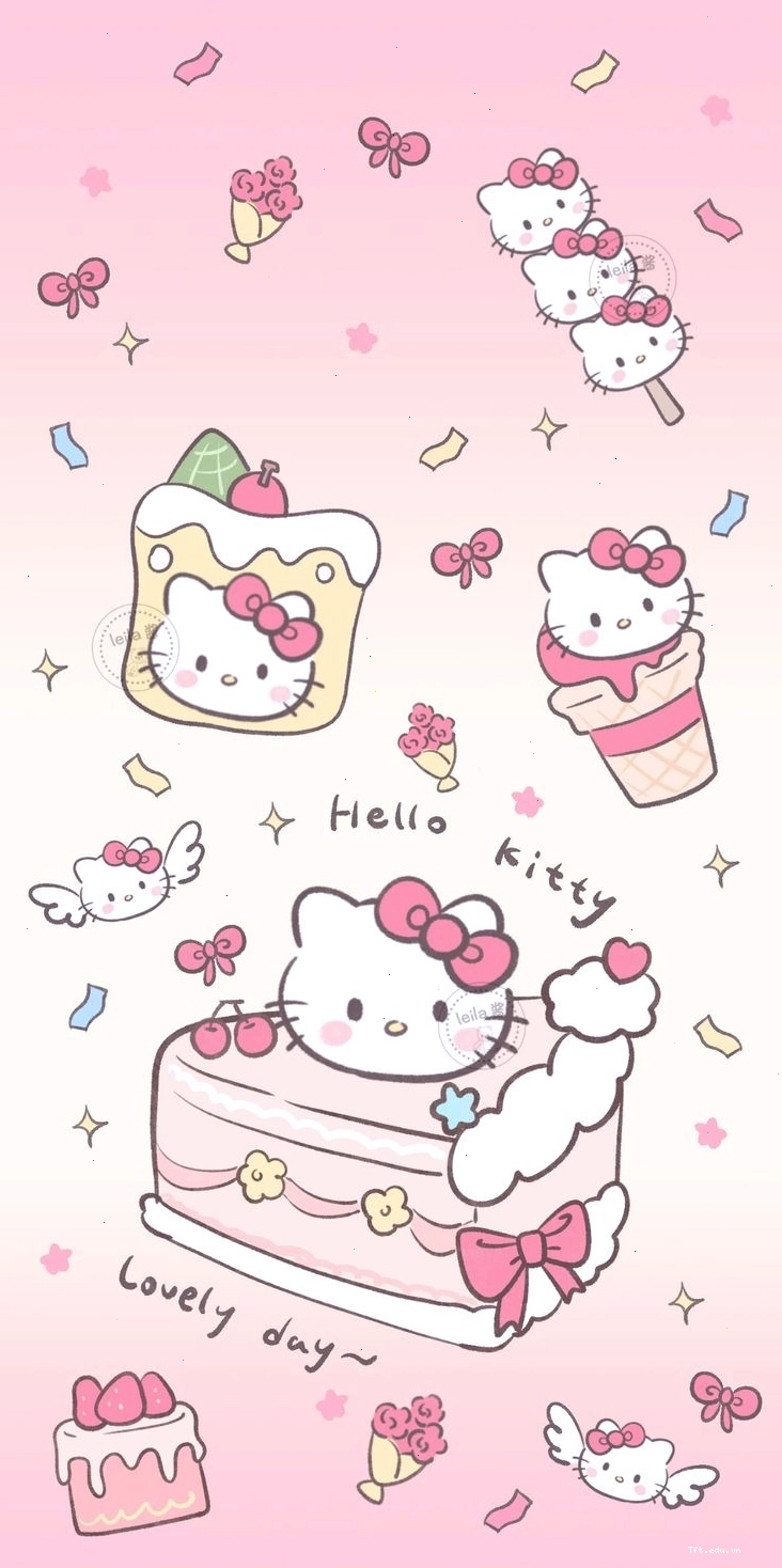 Hello Kitty với nụ cười rạng rỡ trên nền hồng phấn