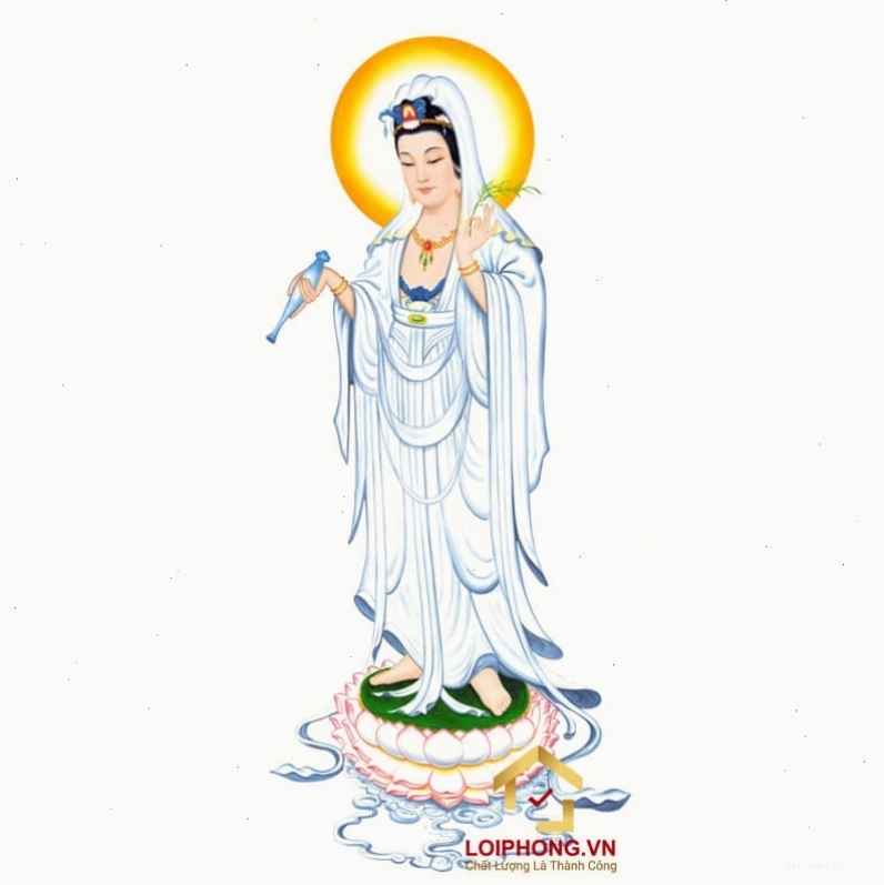Hình ảnh Phật Quan Âm dáng đứng ôm em bé, biểu tượng của sự sinh sôi và tình mẫu tử