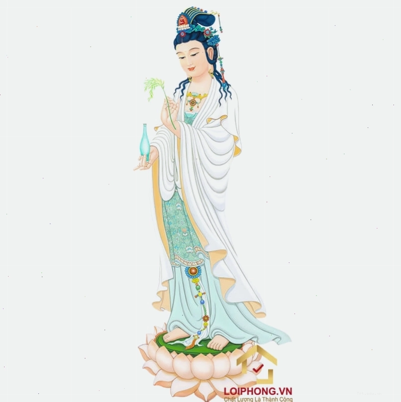 Hình ảnh Phật Quan Âm dáng đứng uy nghiêm giữa mây trời