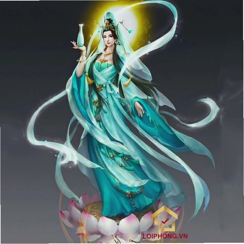 Hình ảnh Phật Quan Âm dáng đứng với áo choàng lộng lẫy