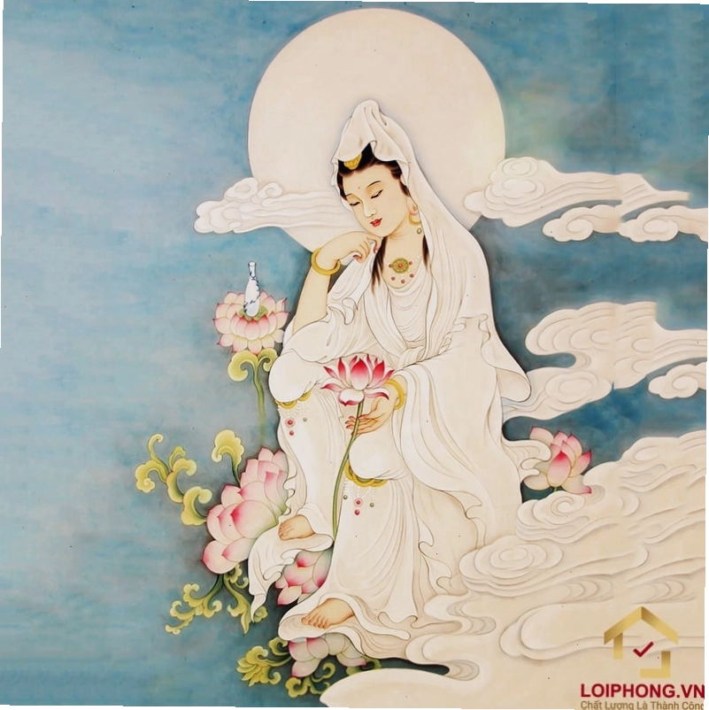 Hình ảnh Quan Âm Bồ Tát cưỡi mây cùng hoa sen, thiết kế 3D sống động