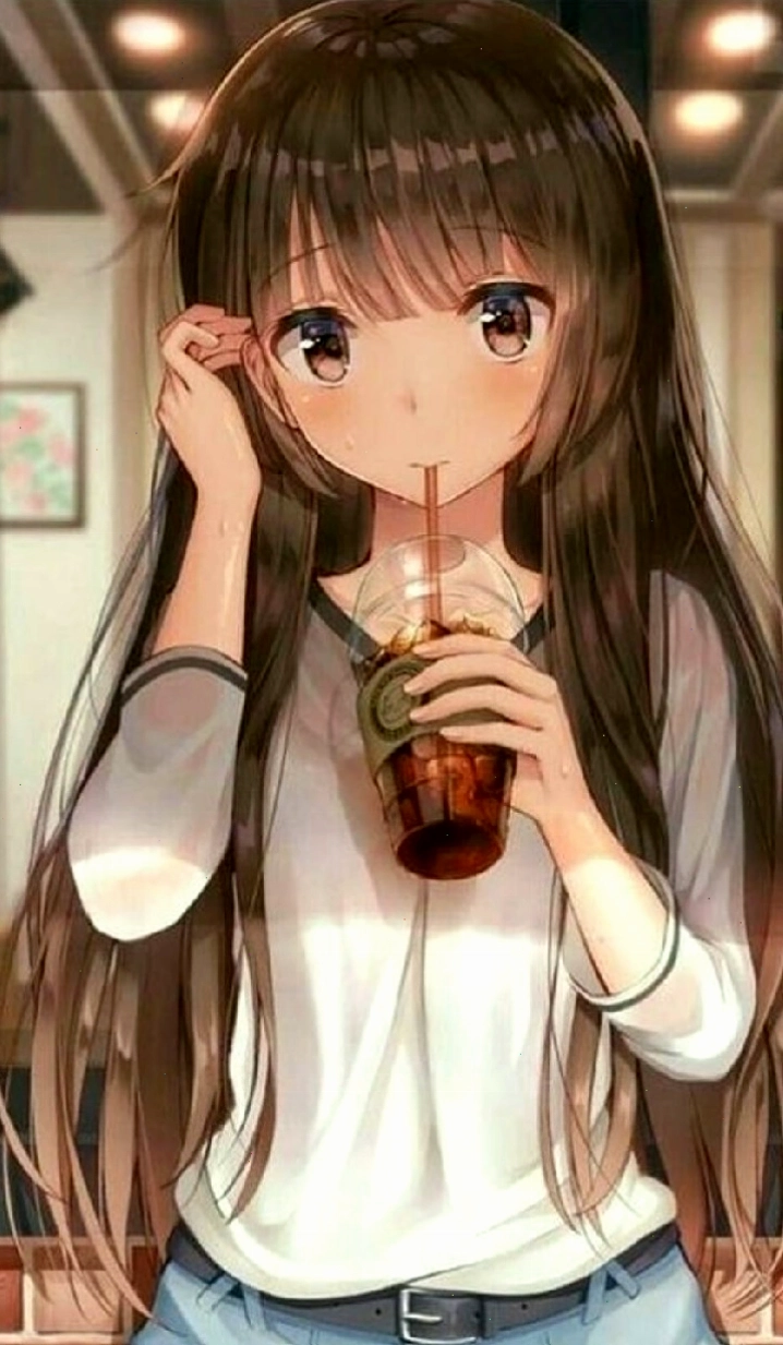 Hình nền anime nữ đang uống trà sữa cực dễ thương