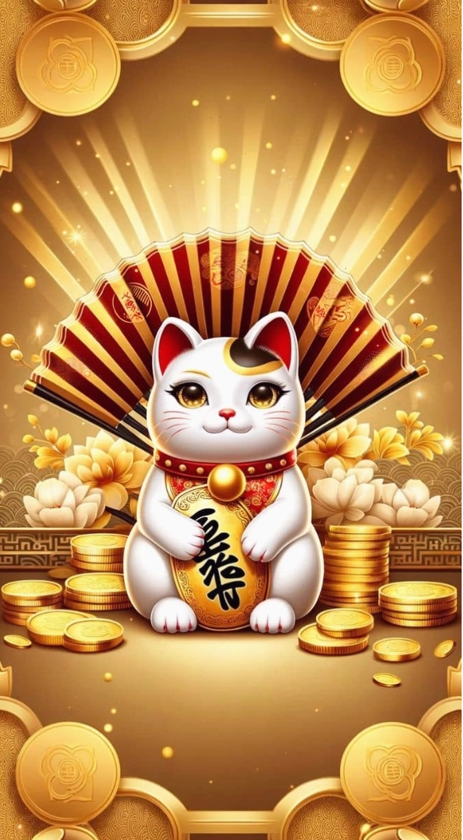 Hình nền mèo thần tài 4K với nụ cười rạng rỡ
