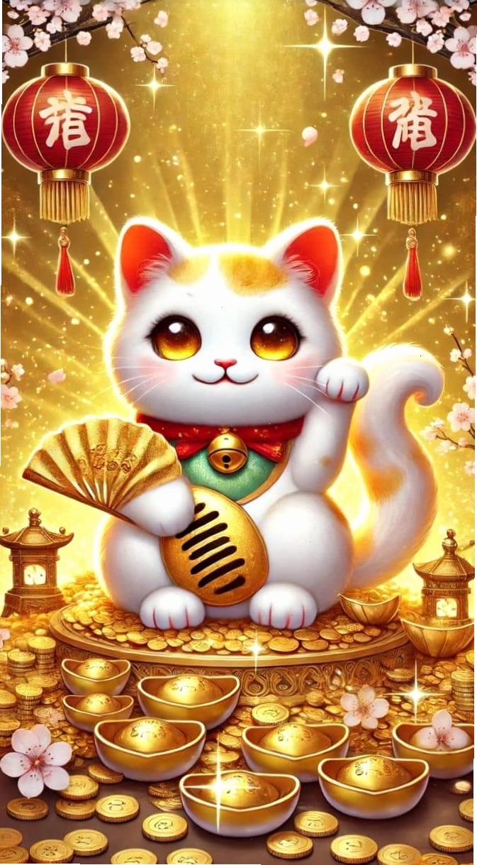 Hình nền mèo thần tài cầm quạt giấy màu đỏ