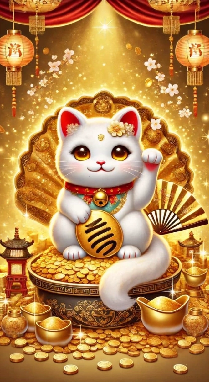 Hình nền mèo thần tài cầm quạt tạo điểm nhấn