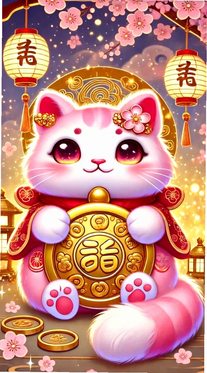 Hình nền mèo thần tài màu hồng dễ thương