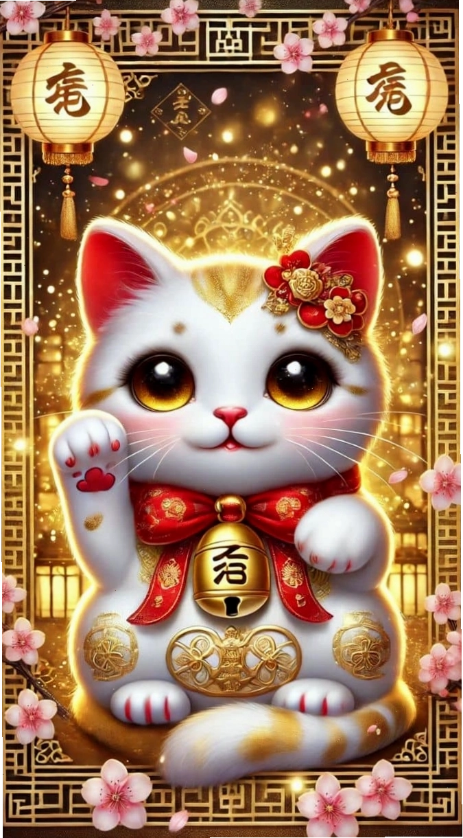 Hình nền mèo thần tài với biểu cảm vui vẻ
