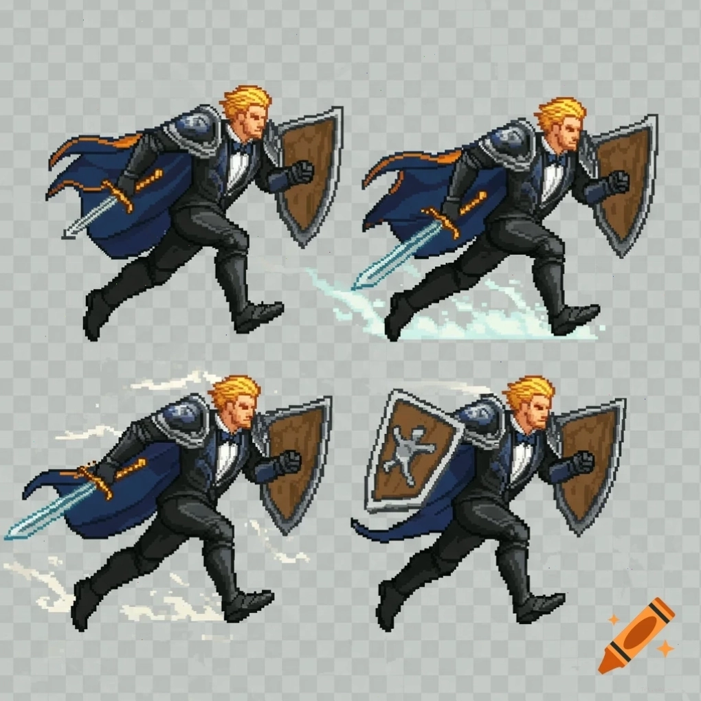 Khung pixel art hiển thị một chú rể hiệp sĩ với kiếm và khiên