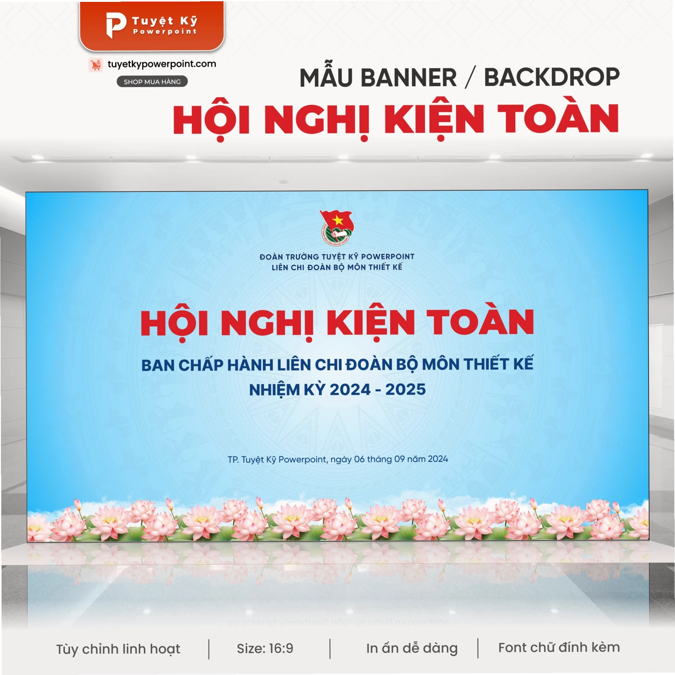 Mẫu backdrop hội nghị trống đồng hoa sen xanh