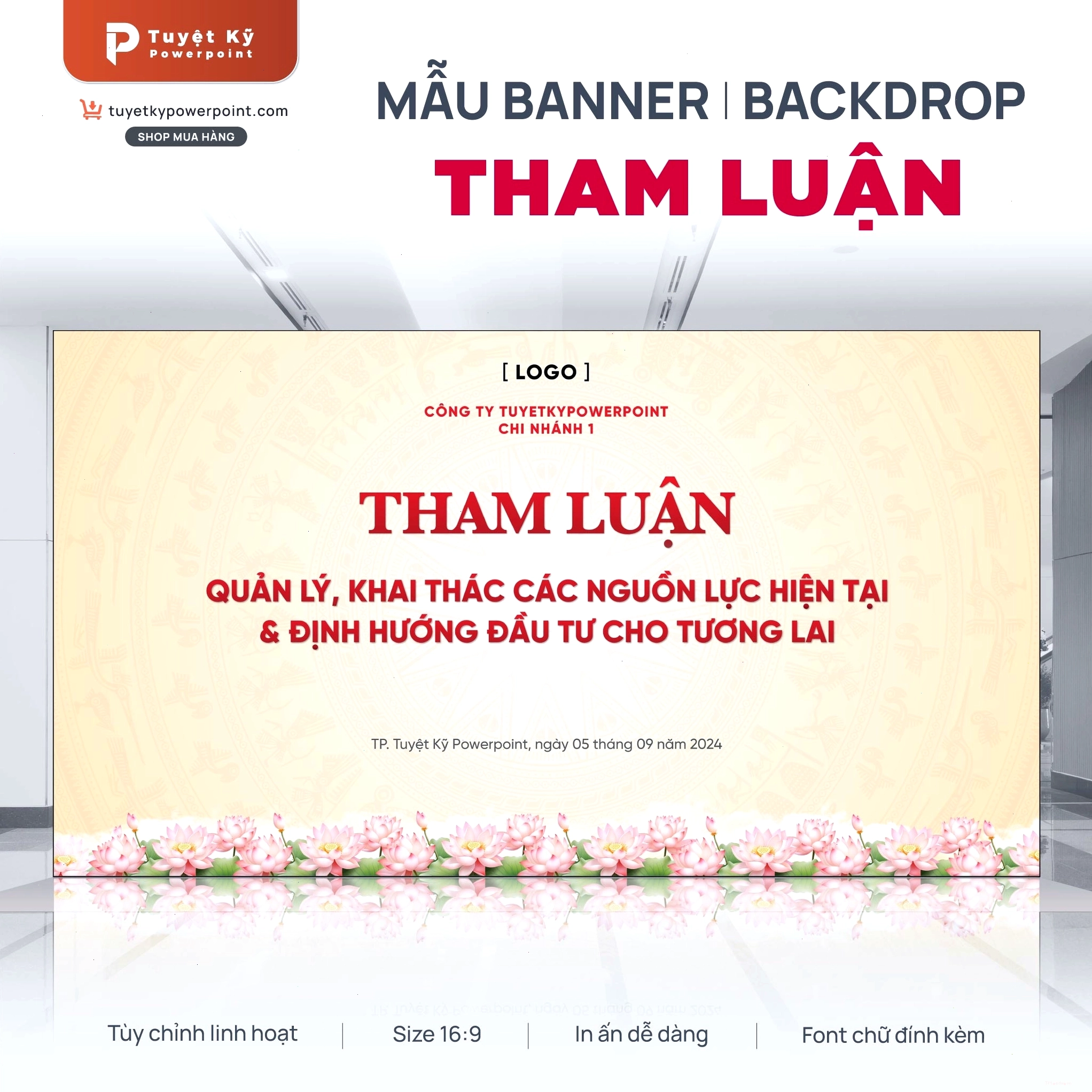 Mẫu backdrop trống đồng hoa sen dùng cho bài tham luận