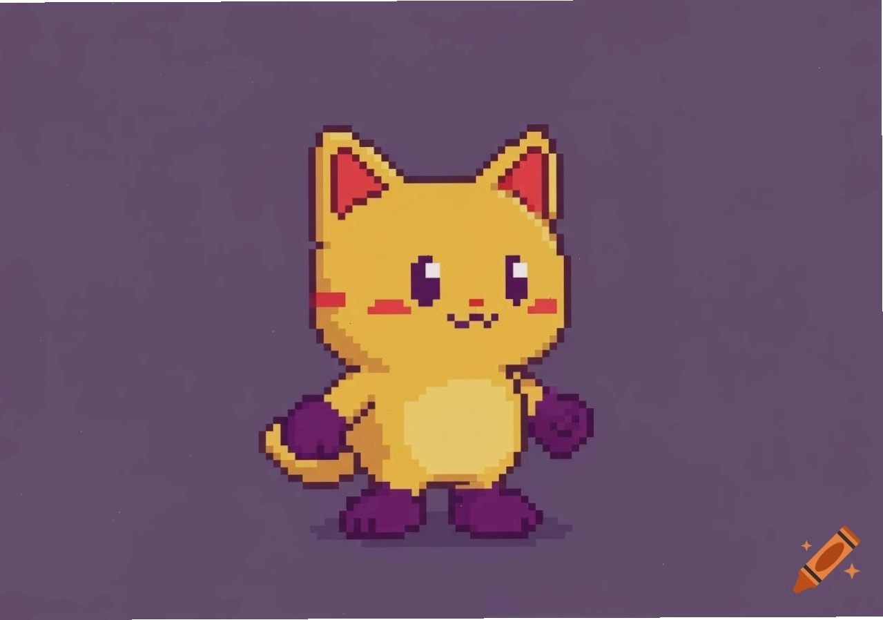Một nhân vật mèo pixel art chibi màu vàng đáng yêu với chân màu tím