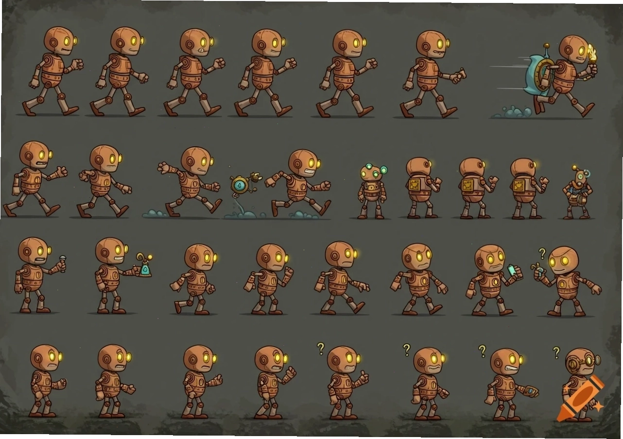 Một nhân vật robot steampunk pixel art