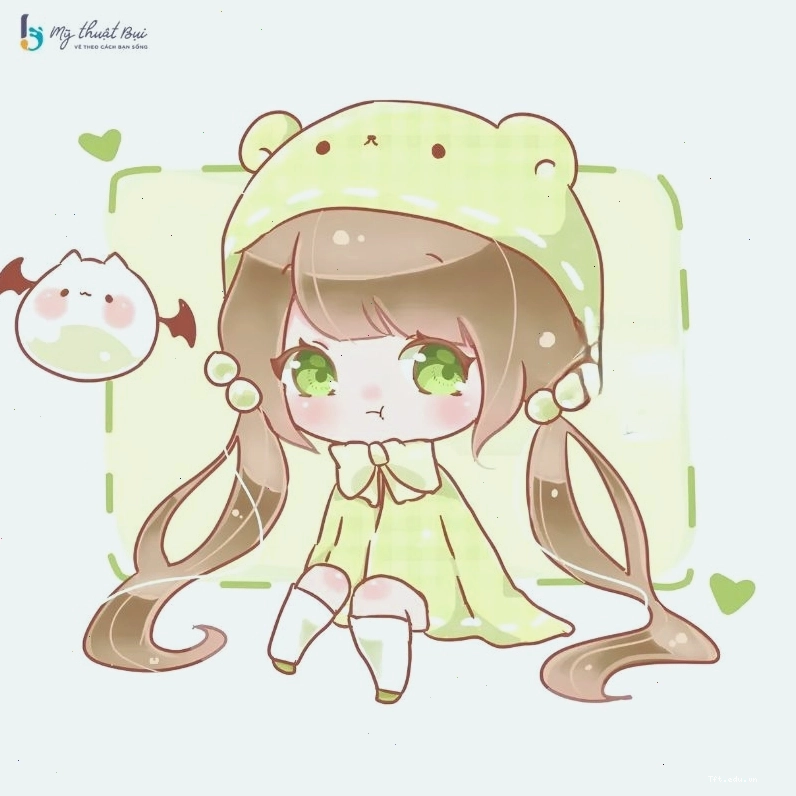 Nhân vật chibi bên cạnh thú cưng dễ thương