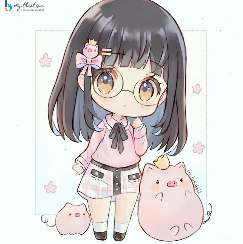 Nhân vật chibi với mái tóc dài và trang phục dễ thương