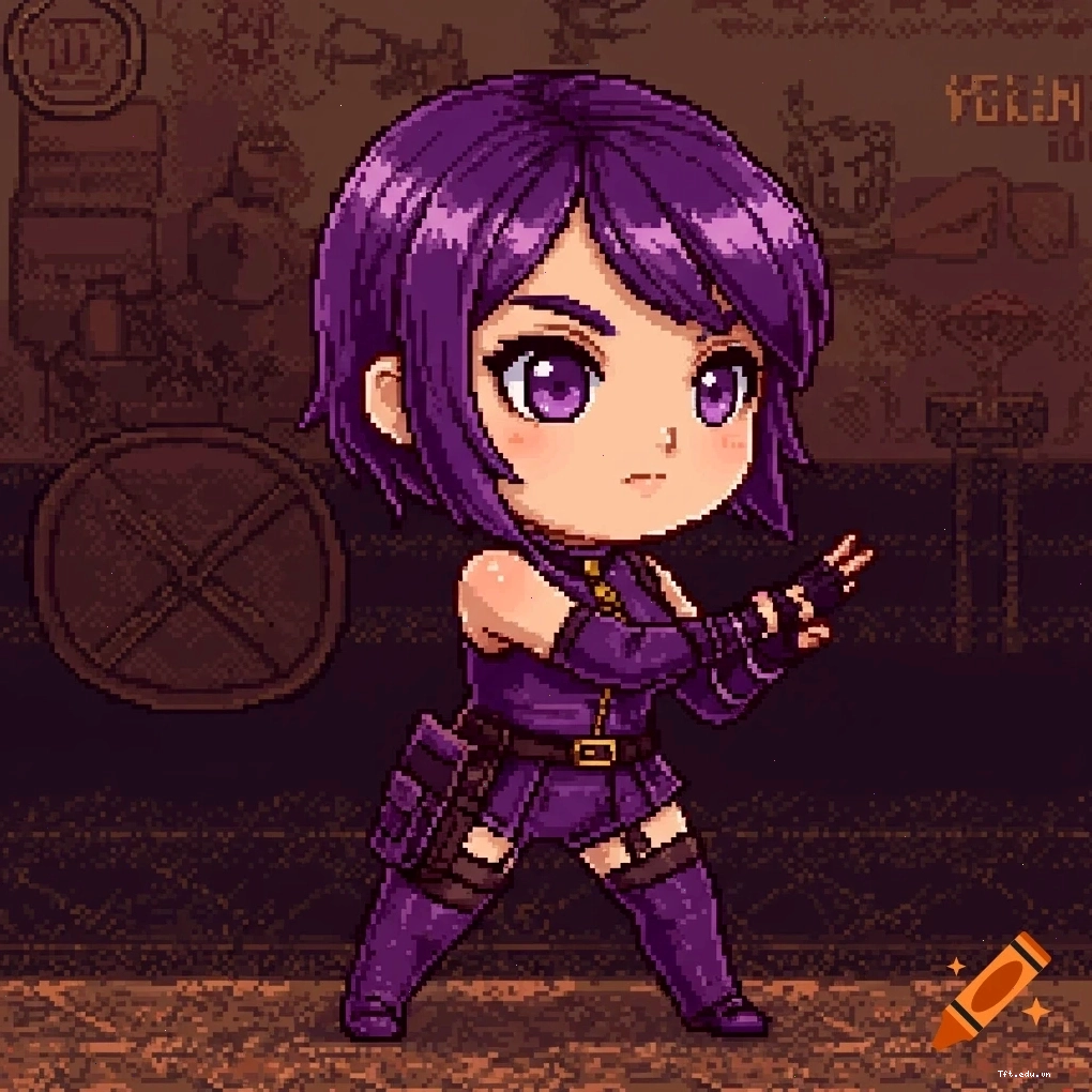 Nhân vật pixel art chibi tóc tím trong trang phục chiến thuật