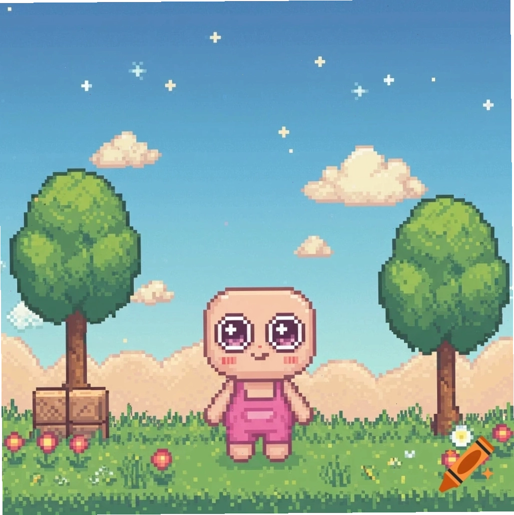 Nhân vật pixel art dễ thương với bộ yếm màu hồng
