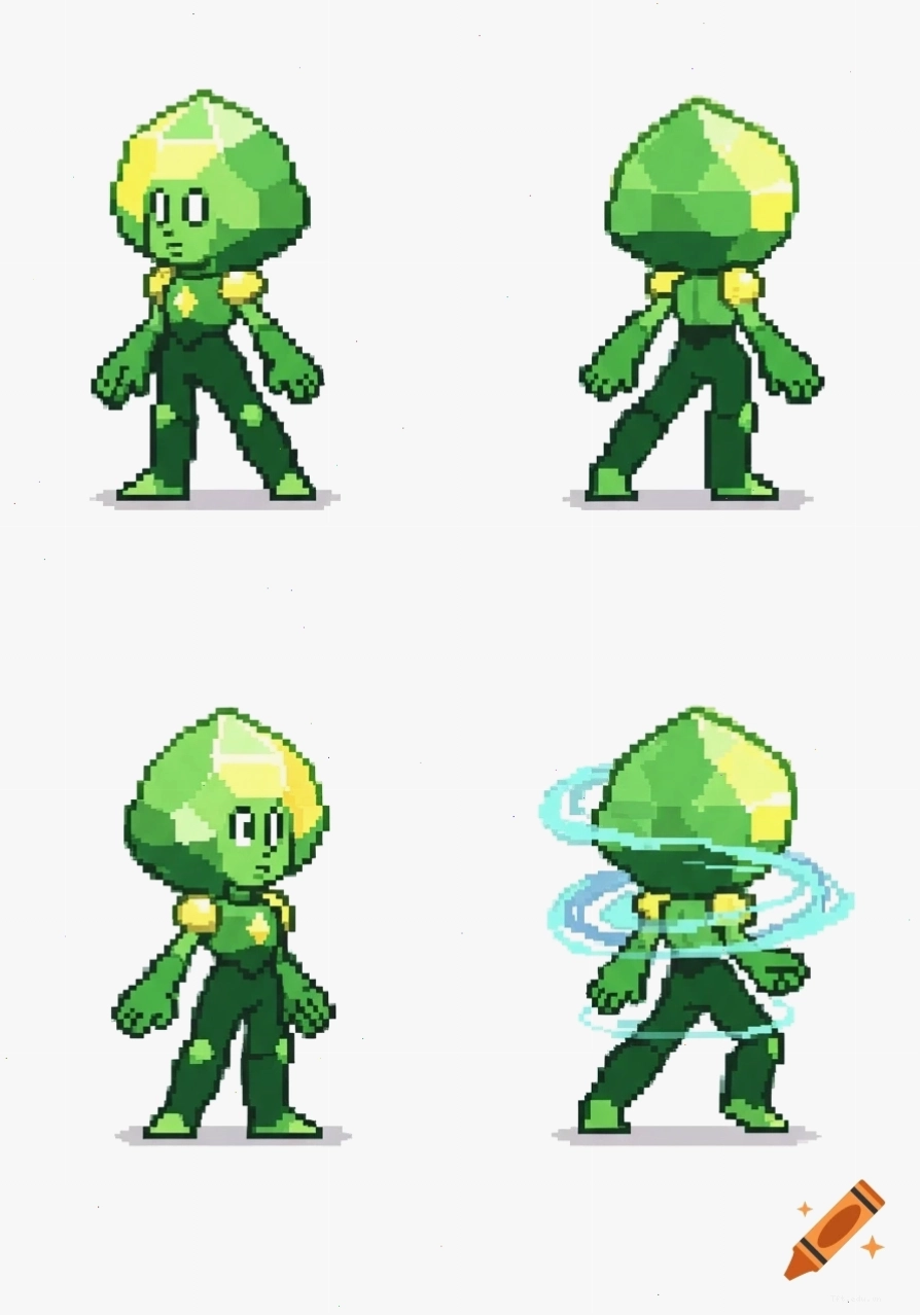 Nhân vật pixel art hình viên pha lê xanh lục và vàng