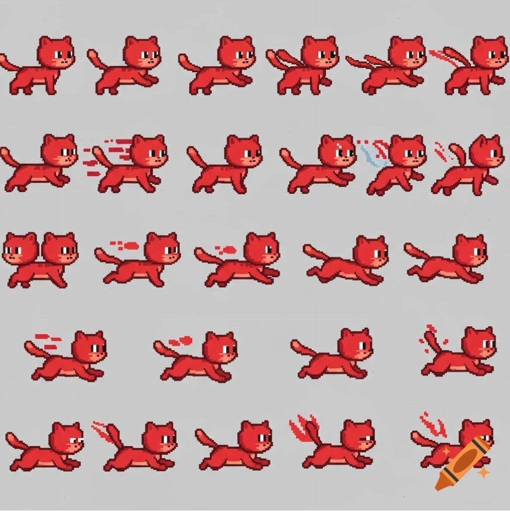 Nhiều chú mèo pixel art nhỏ màu đỏ đang chạy