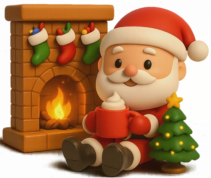 Ông già Noel chibi dễ thương đang ngồi cạnh lò sưởi với cây thông