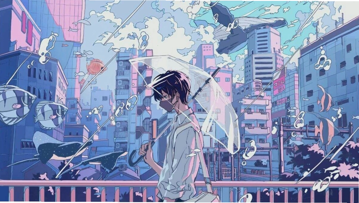 Phong cảnh anime yên bình với tông màu xanh chủ đạo