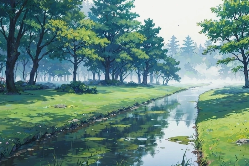 Phong cảnh núi anime thanh bình và thơ mộng