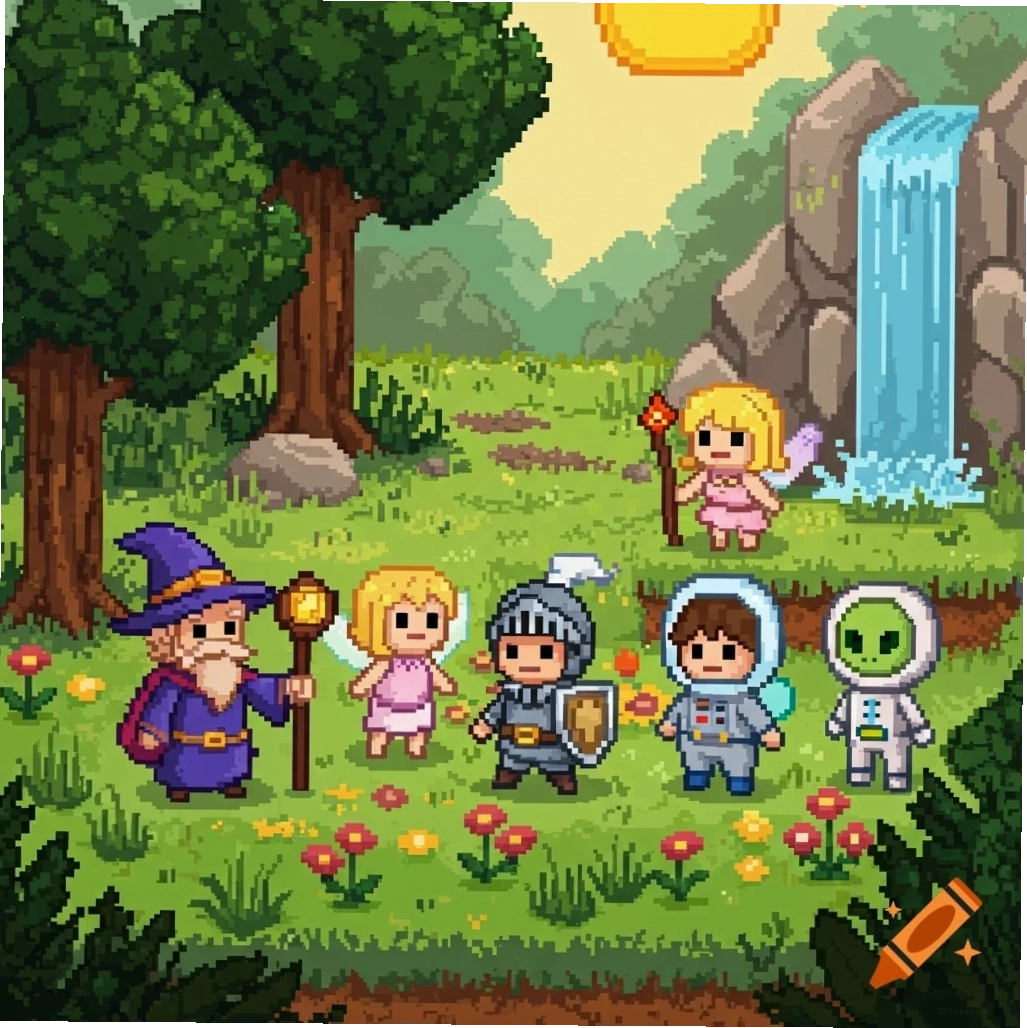 Sáu nhân vật pixel art 8-bit bao gồm pháp sư, tiên nữ, hiệp sĩ, phi hành gia và người ngoài hành tinh