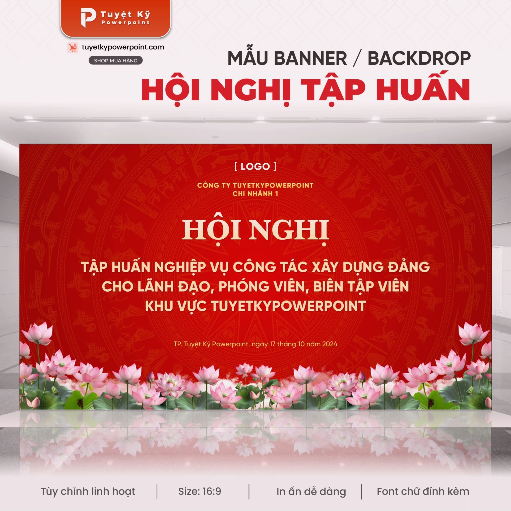 Thumbnail mẫu backdrop hội nghị trống đồng hoa sen đỏ
