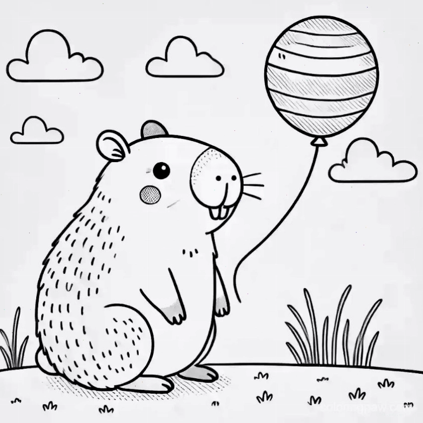 Tranh tô màu capybara chibi số 1 với biểu cảm vui vẻ