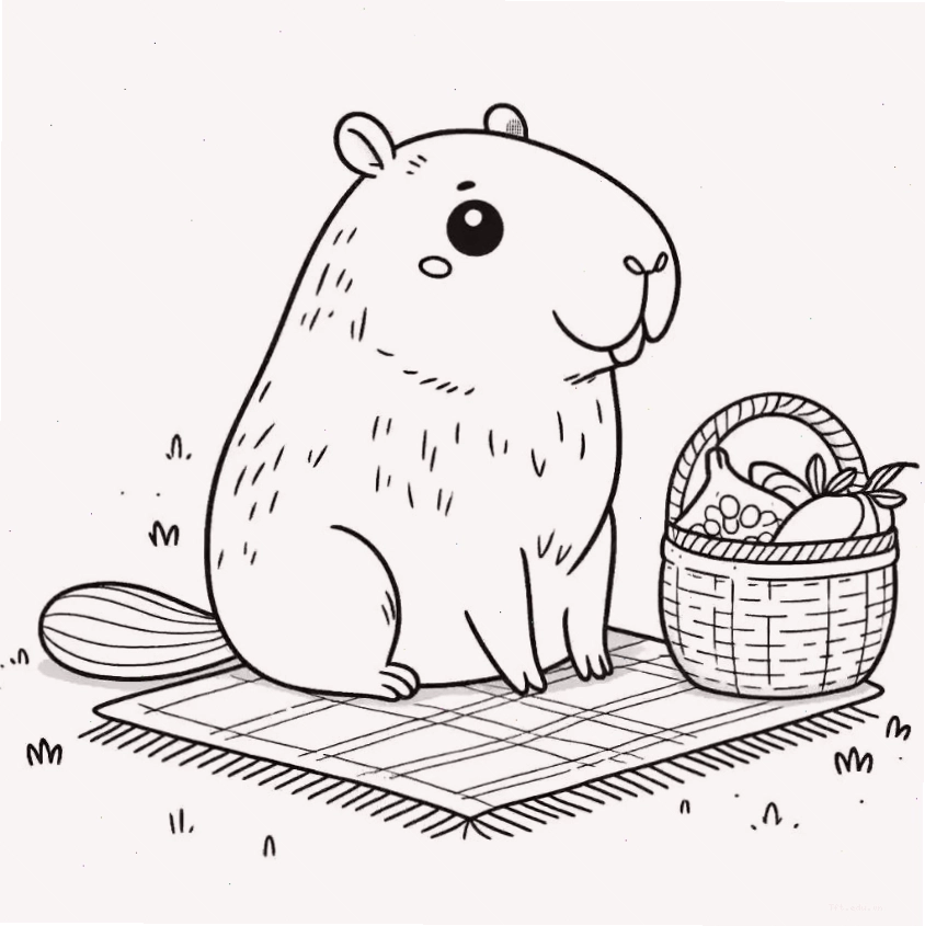 Tranh tô màu capybara chibi số 12 trong một khung cảnh nhỏ