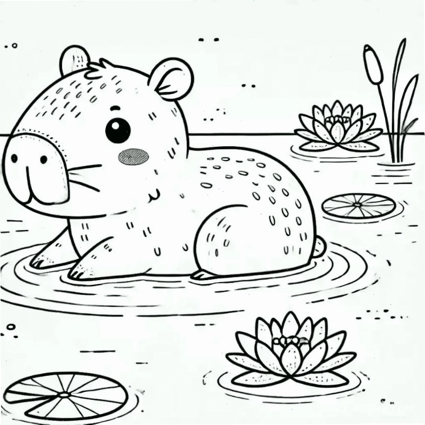 Tranh tô màu capybara chibi số 13 đang thể hiện hành động