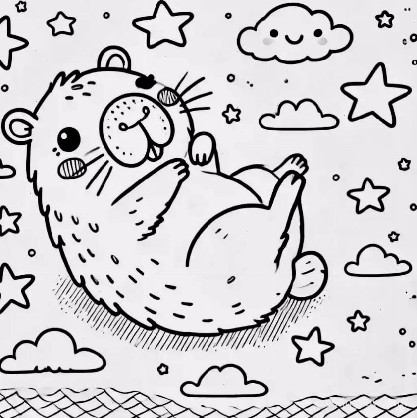 Tranh tô màu capybara chibi số 3 với dáng vẻ tinh nghịch